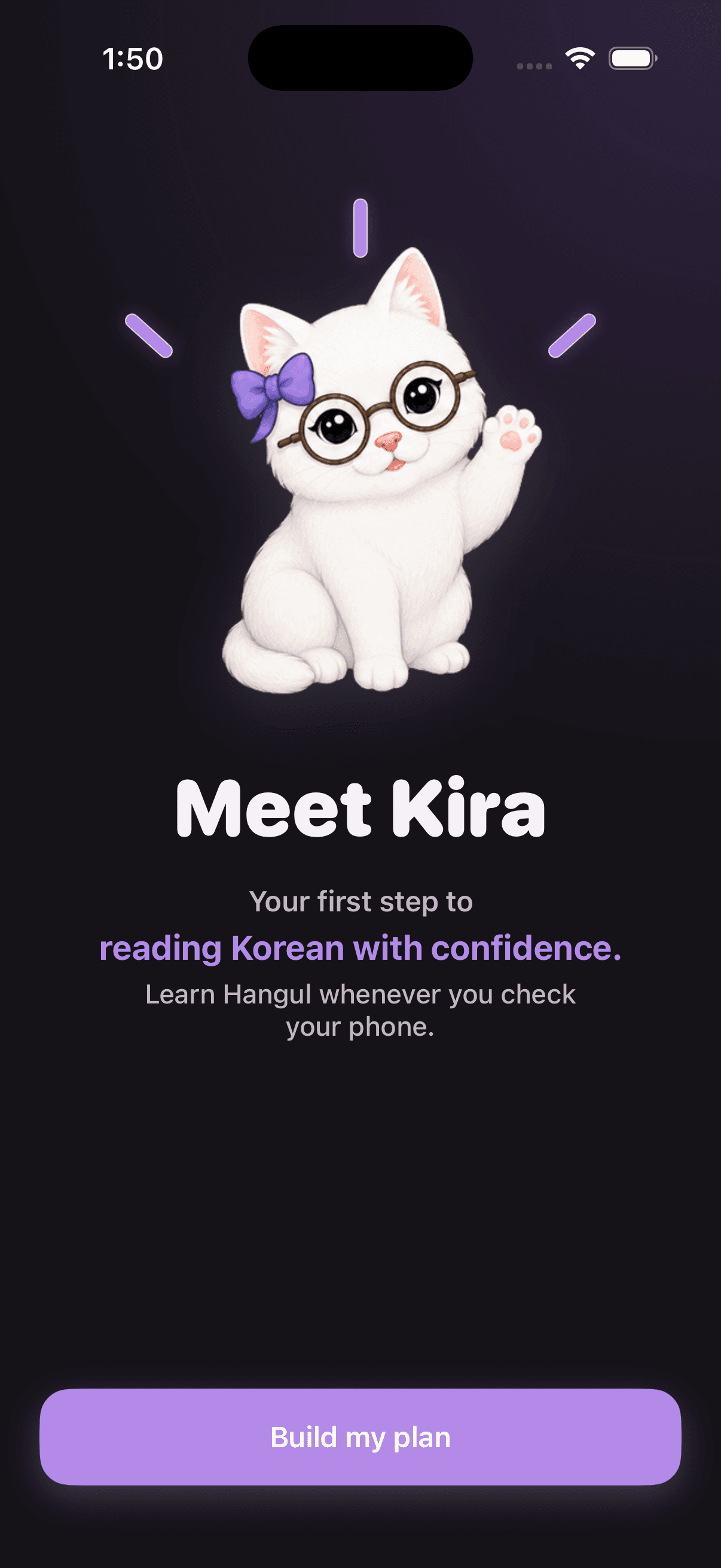 Kira Korean onboarding introducing Kira and a personal learning plan