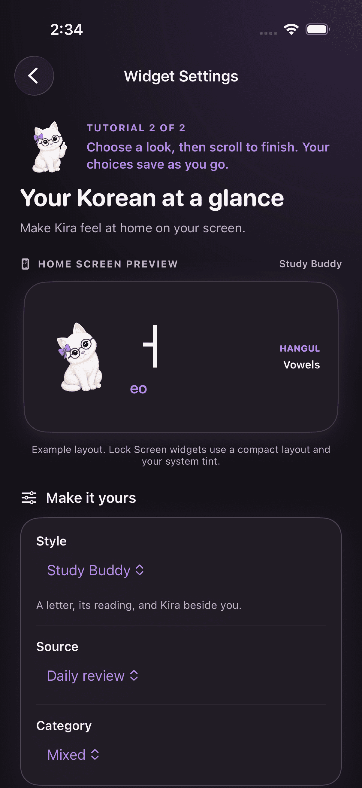 Kira widget tutorial with a Korean Study Buddy Home Screen preview
