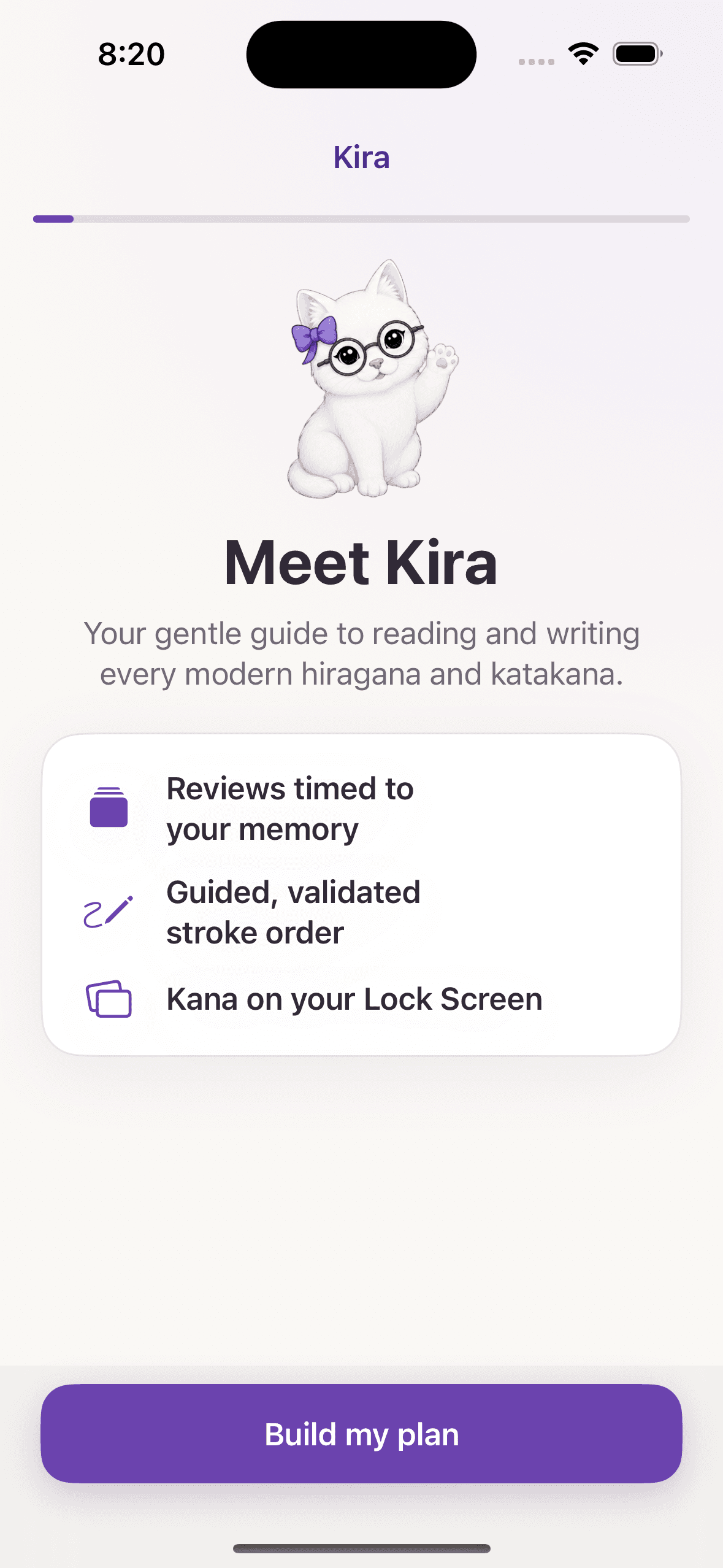 Kira onboarding screen introducing hiragana and katakana learning