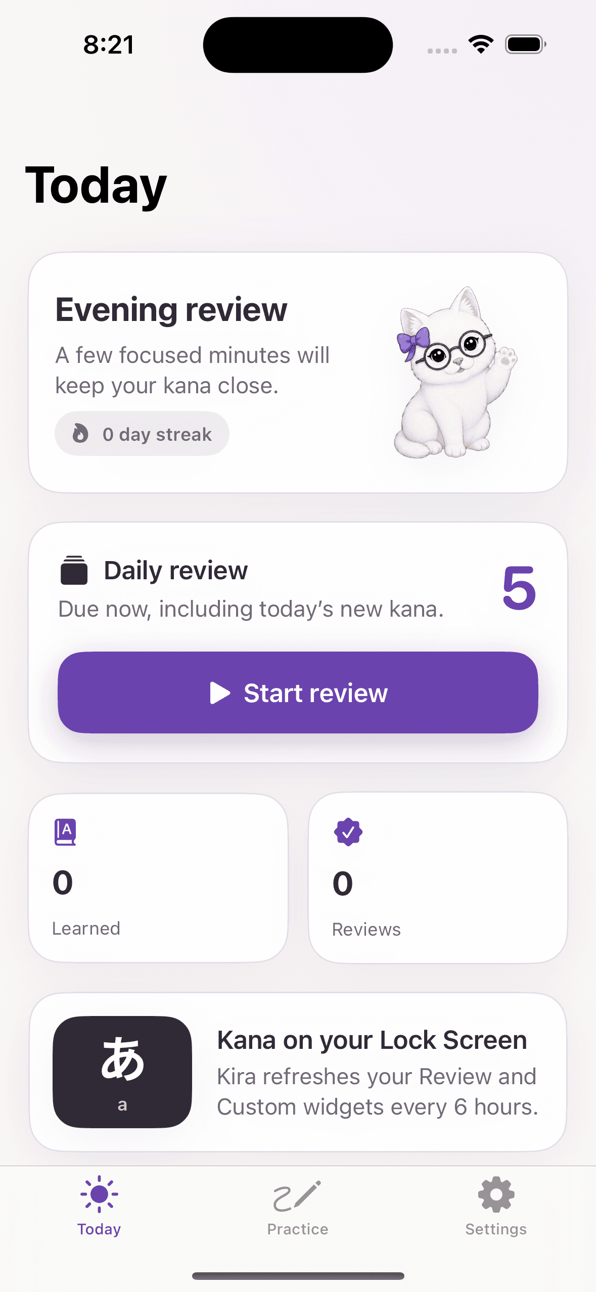 Kira Today screen with a five-character daily review