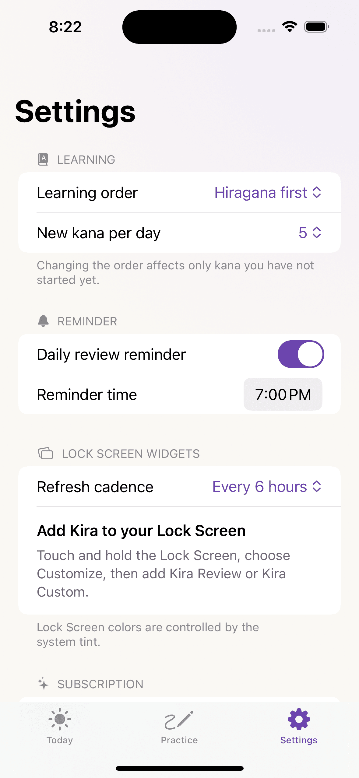 Kira Lock Screen widget settings
